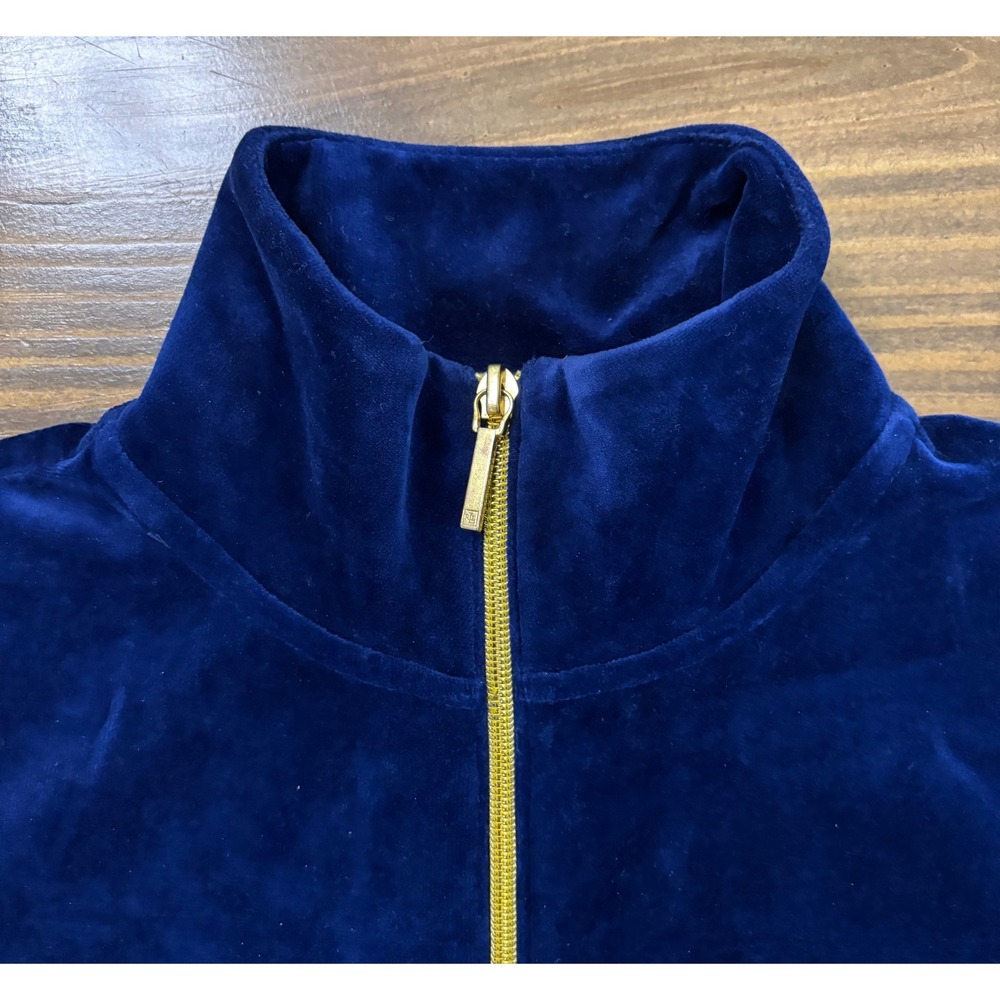 LAUREN RALPH LAUREN Women PS Navy Velour Gold Zip Embroidered Crest Jacket - Picture 5 of 10